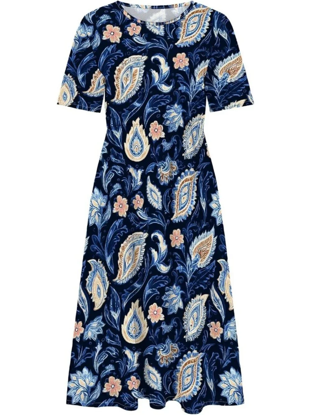Women's Dark Blue Sleeve Crewneck Floral Print Casual Mode Maxi Long Dress - Picture 4 of 5
